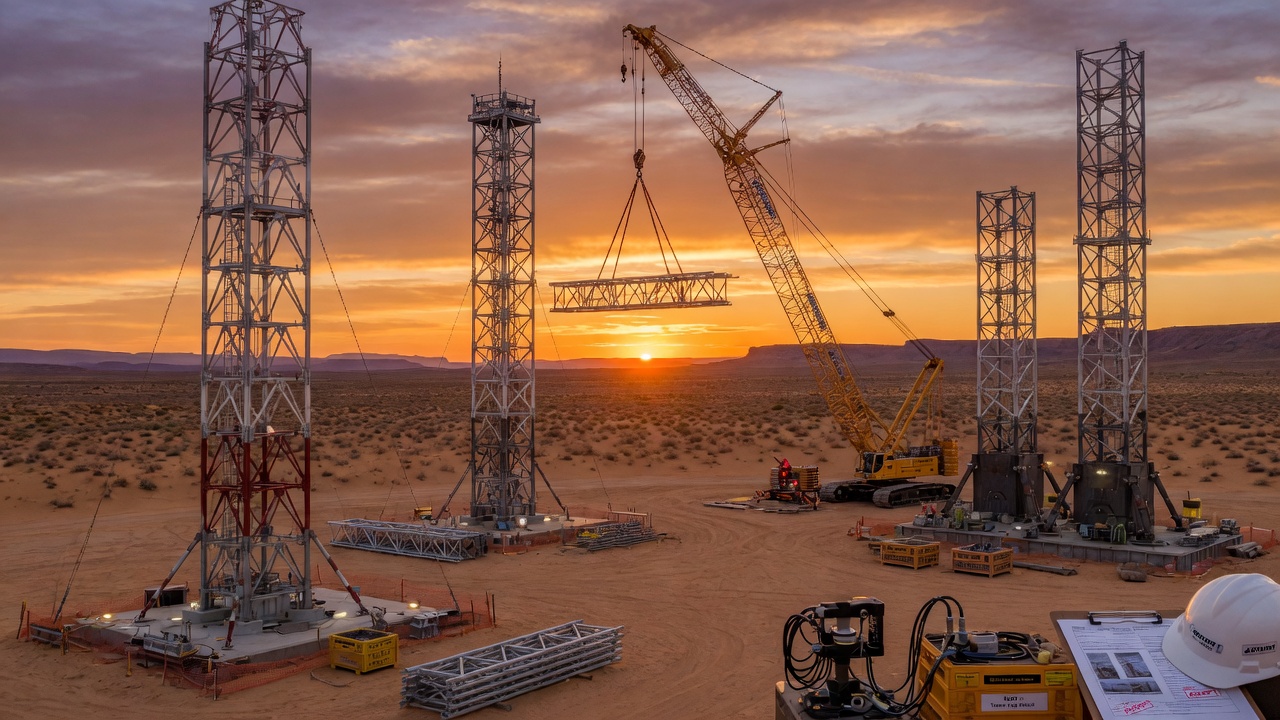 Wireless carrier communications tower modification and NDT inspection, professional empty tower construction site
