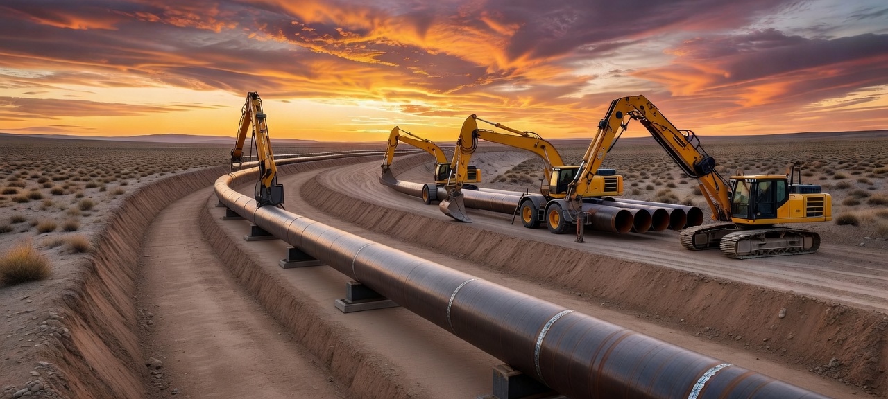 Large-scale main line pipeline construction in the desert at sunrise. Clean professional open trench cut per OSHA (prepared bottom, no boulders, properly sloped sides). Two continuous welded pipe runs on wood dunnage stands parallel to the trench on the right side. Trackhoe excavators on the left side only. Clean organized right-of-way with no rocks or raw desert next to the trench. No people.