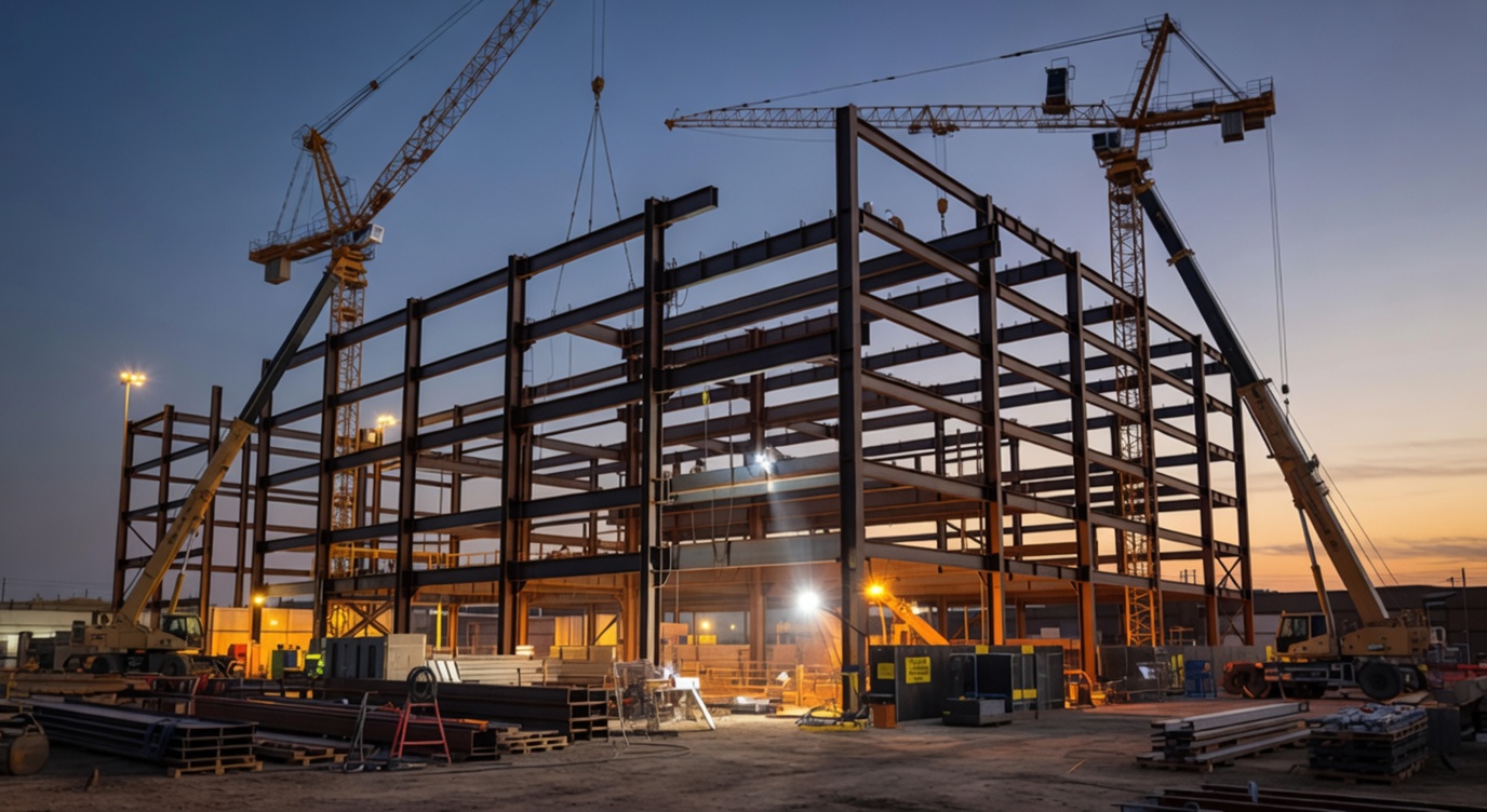 Large-scale structural steel erection at semiconductor fabrication facility, professional empty construction site